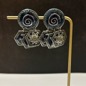 Vintage Edgar Berebi 1980s Artisan Silver and Blue Swirl and Charms Earrings